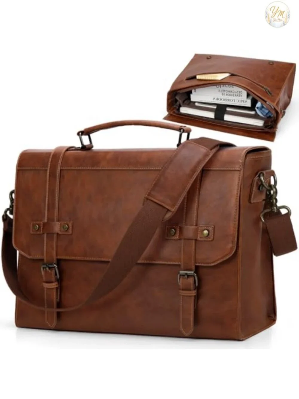 Vintage PU Leather Laptop Messenger Bag 17 Inch Waterproof Briefcase